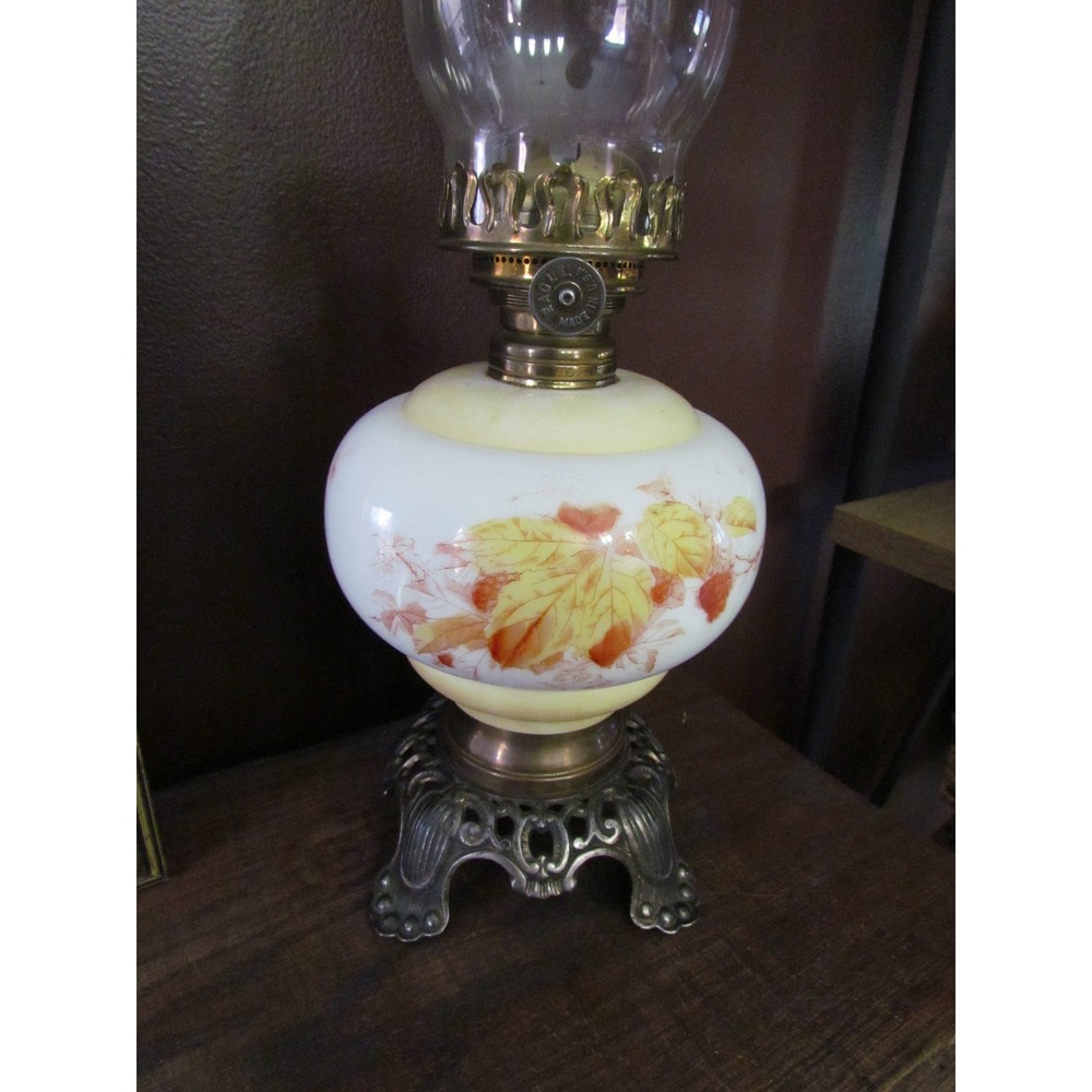 Vintage Oil Lamp with Hand Painted Floral Frosted Glass Shade Ornate Base - Picture 4 of 5